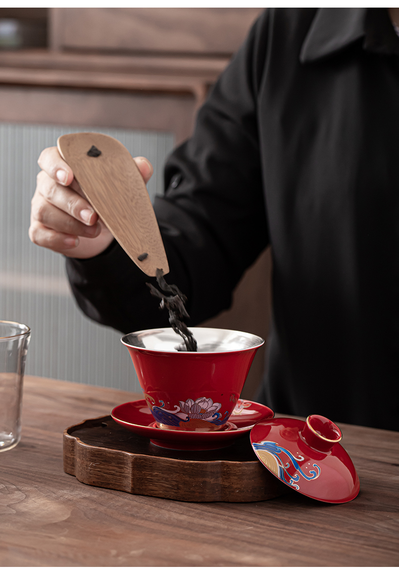 Ji red time three only tasted silver gilding tureen kung fu tea set of household ceramic tea cups lid bowl silver cup
