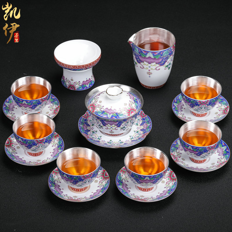 Butterfly flower is tasted silver gilding kung fu tea sets jingdezhen ceramic tea set silver home office tea tureen gifts