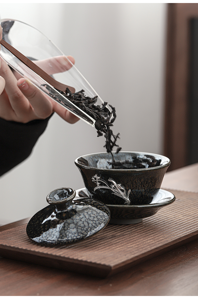 Build light hand with silver tureen tea sets kung fu tea set silver cup temmoku obsidian ceramic tea sets with tea