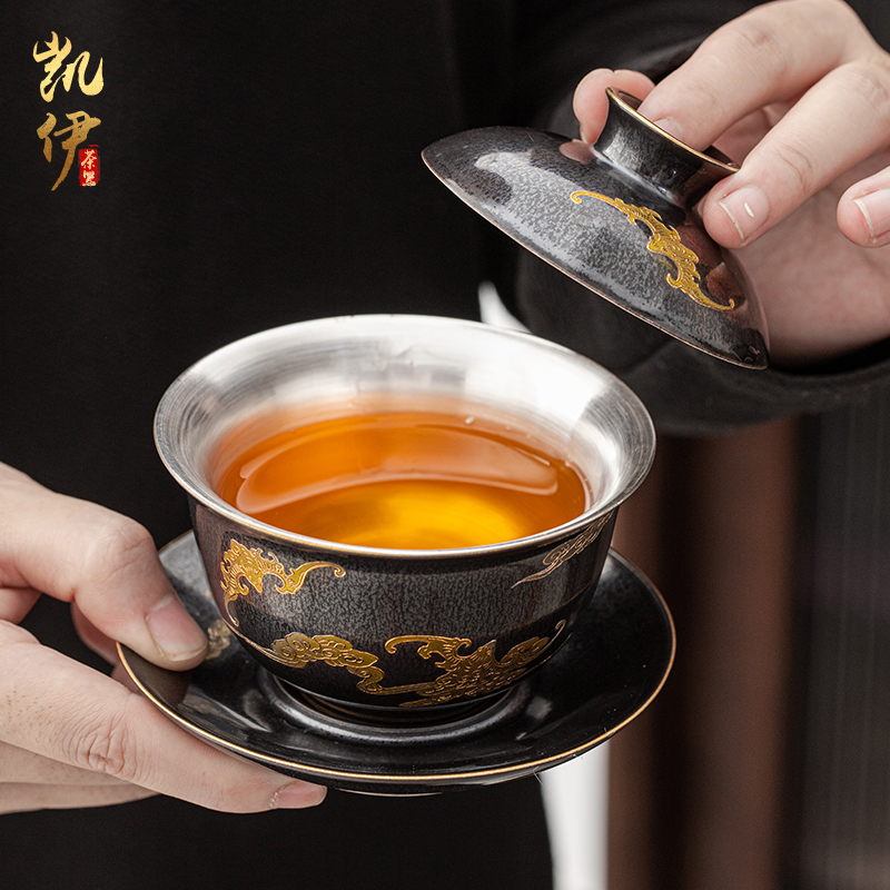 Temmoku coppering. As silver tea set household jingdezhen ceramic kung fu tea tea tureen teapot silver cup