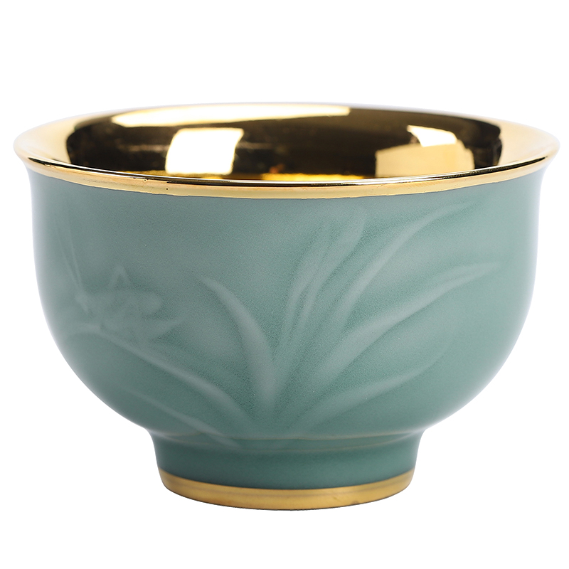 Longquan celadon pure manual 24 k gold cup household ceramic cup tea sample tea cup individual cup of yellow marigold