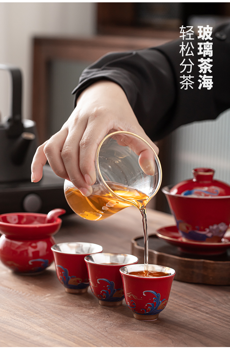 Ji red time three only tasted silver gilding tureen kung fu tea set of household ceramic tea cups lid bowl silver cup