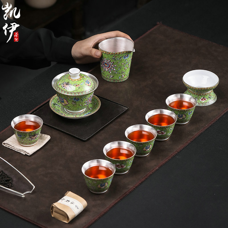 Grass green enamel coppering. As silver cup tea set jingdezhen ceramic kung fu tea tea silver tureen silver cup