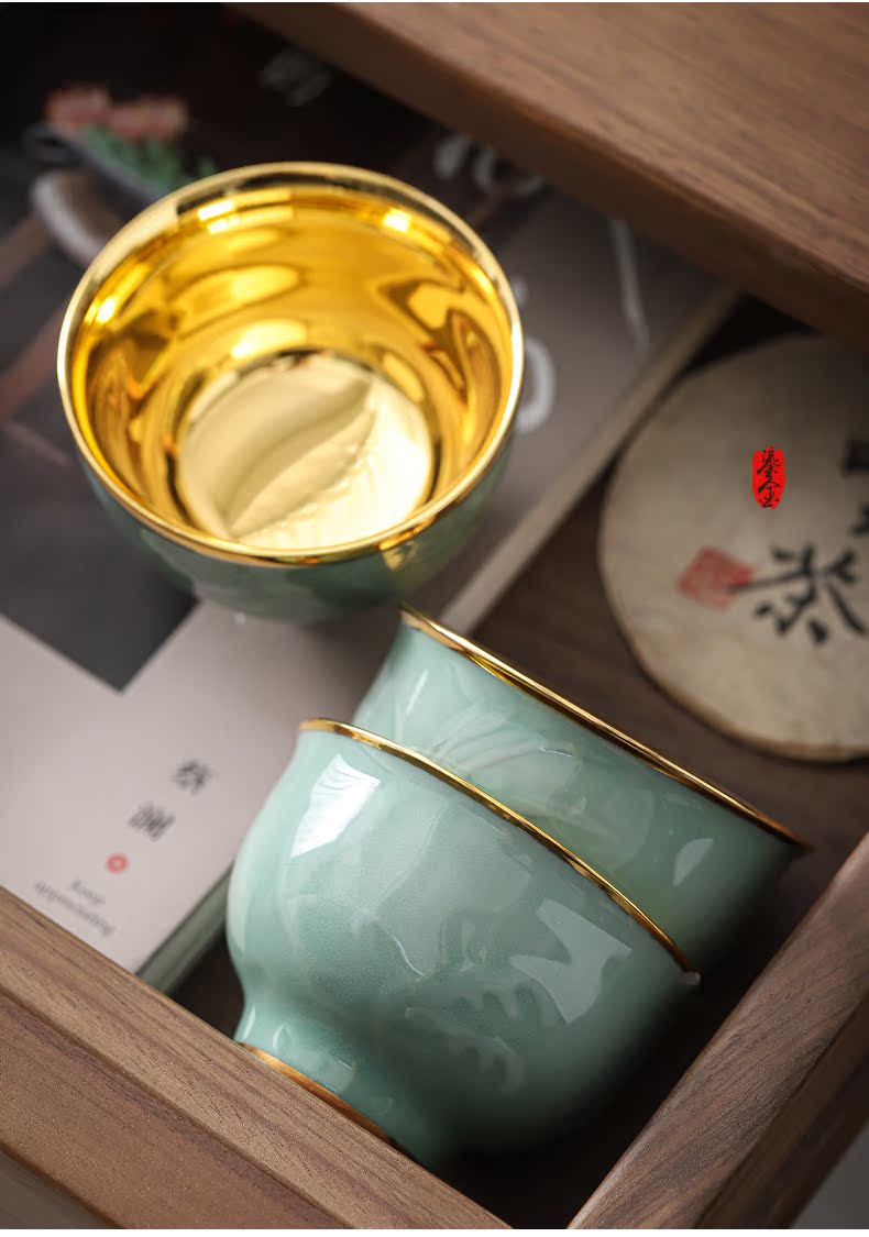 Longquan celadon pure manual 24 k gold cup household ceramic cup tea sample tea cup individual cup of yellow marigold