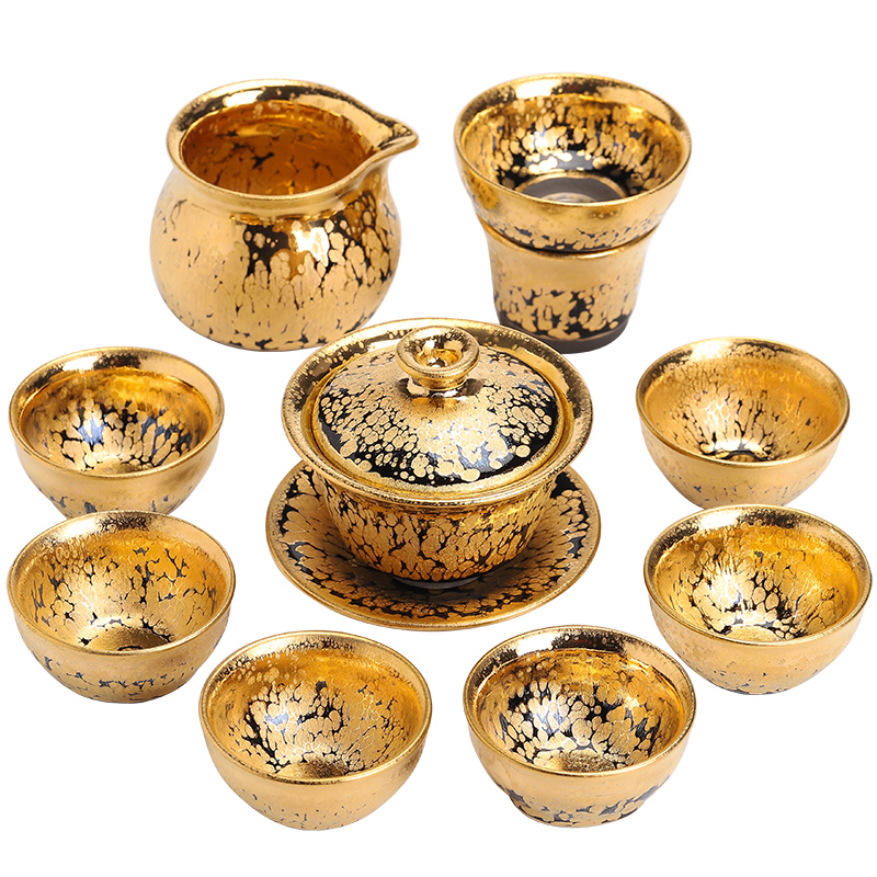 Build light oil droplets kung fu tea set tea set gold yellow marigold gold tea tureen suit with 24 k gold cup