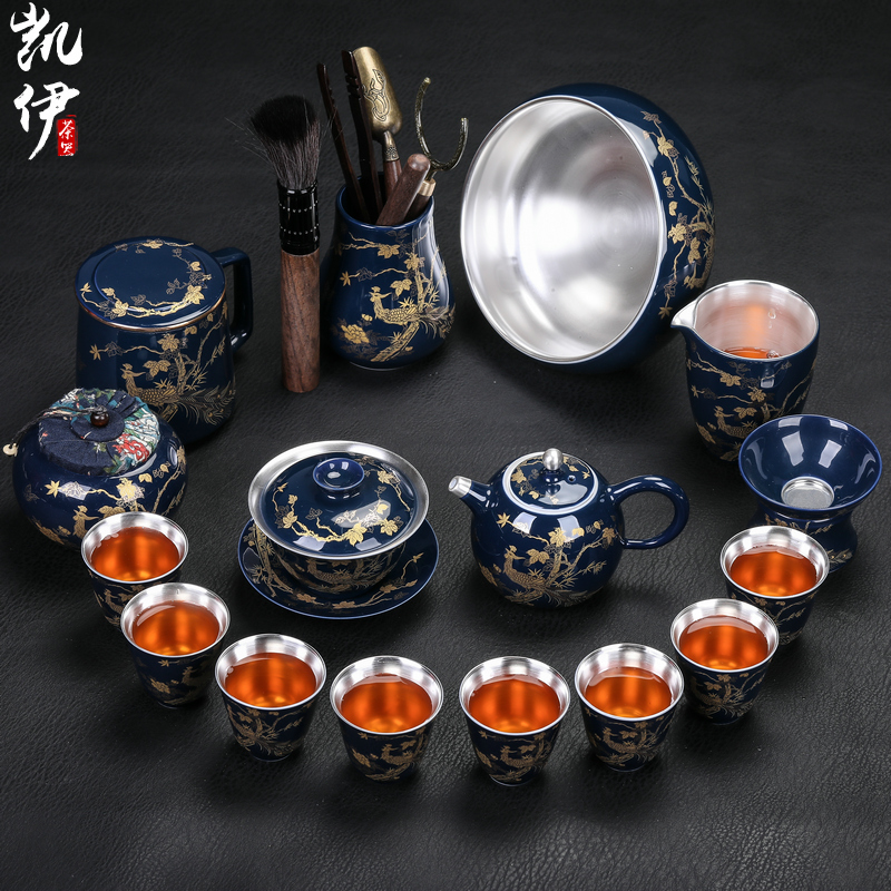 Tasted silver gilding kung fu tea set jingdezhen ji blue see colour tea tea set household ceramics office gift boxes