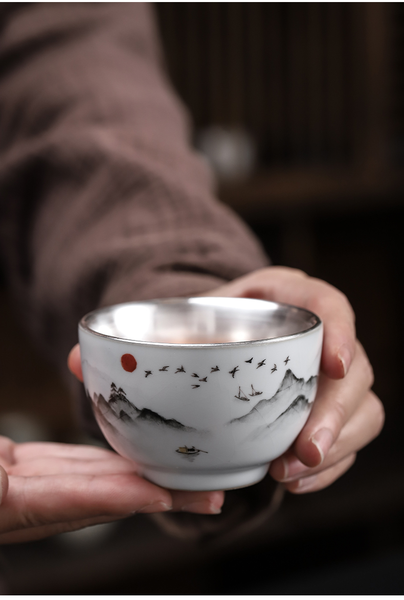 Start your up 999 coppering. As hand - made master cup sample tea cup silver cup of jingdezhen ceramics kung fu tea set silver cup