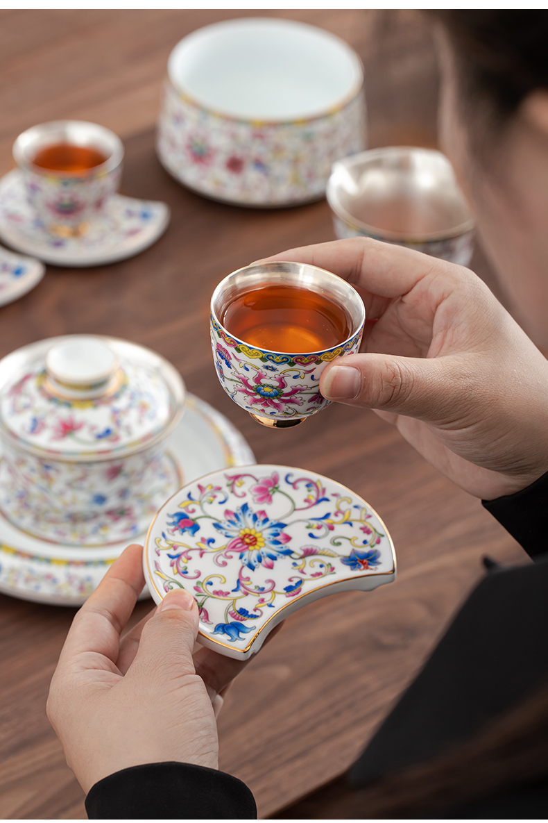 Pure silver colored enamel coppering. As kung fu tea set of a complete set of jingdezhen ceramic silver tureen tea teapot silver cup