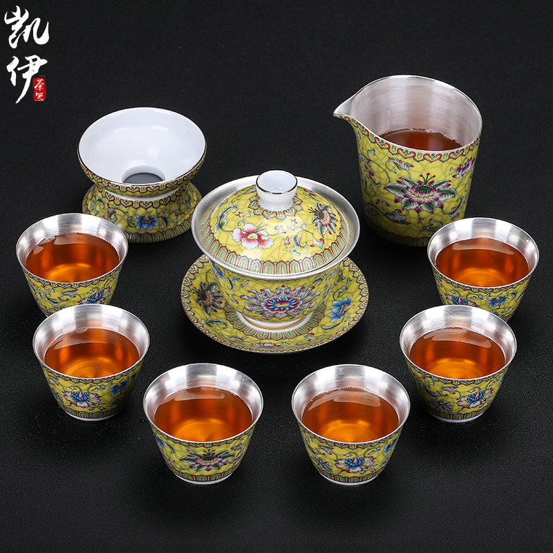 Colored enamel royal Huang Liu, a silver cup kung fu tea set jingdezhen ceramic household silver tureen tea tea set