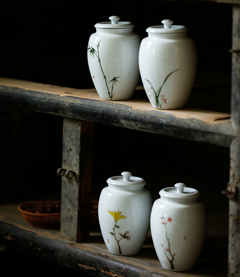 Kate white porcelain hand - made ceramic caddy fixings jade porcelain color ink POTS sealed storage tank tea caddy fixings box