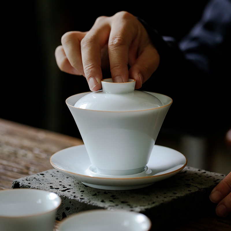 Kate dehua white porcelain fat white three just tureen ceramic kung fu tea set the item to make tea bowl to bowl bowl