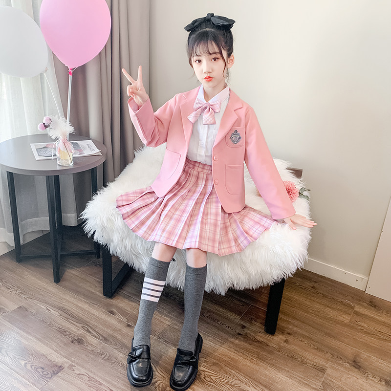 Girls dress spring and autumn gk pleated skirt shirt suit three-piece net red children's suit college style jk uniform tide