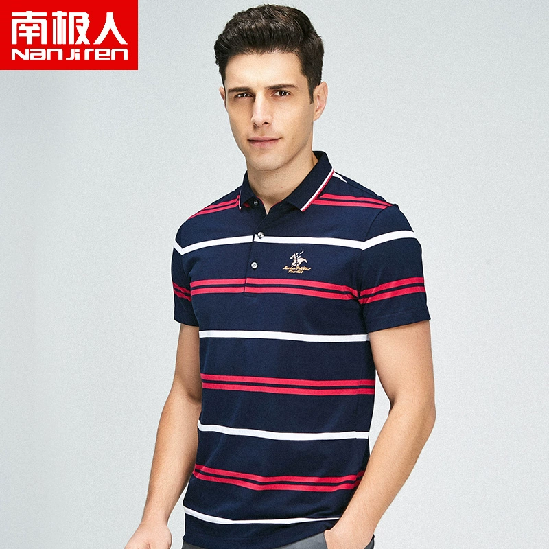 Áo thun nam tay ngắn cotton nam cực nam mùa hè ve áo sọc rộng áo thun mỏng POLO áo sơ mi nam - Polo