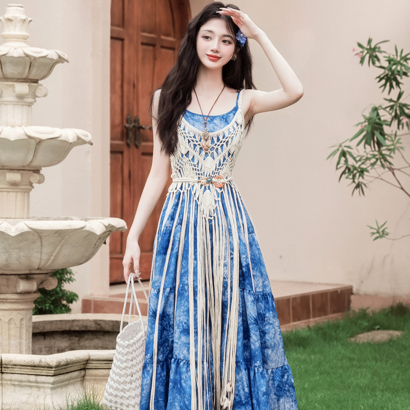 Bohemian Vacation Ethnic Style Blue Tie-Dye Spaghetti Strap Dress with Cover-Up, Yunnan Travel Outfit for Women