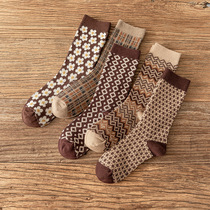 Retro brown curry stockings Childrens autumn Winter middle cylinder Sox Maillard color series Double needle Long cylinder Sox Korean version pile of women stockings