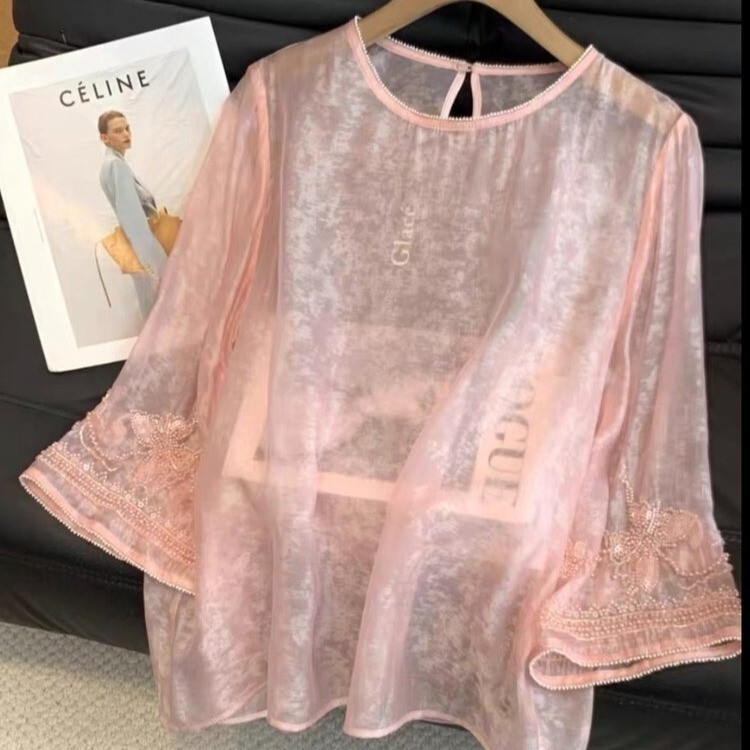 2026 European Summer New Light Luxury High-End Fashion Beaded Embroidery New Chinese Style Thin Inner Shirt Top for Women
