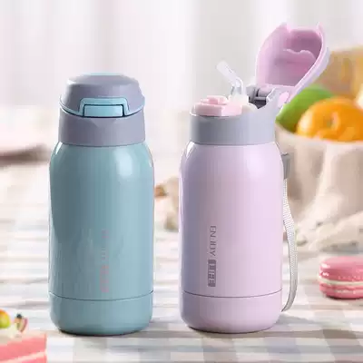 Children's thermos cup with straw Thermos cup Adult ladies portable stainless steel cup Women portable mini thermos cup