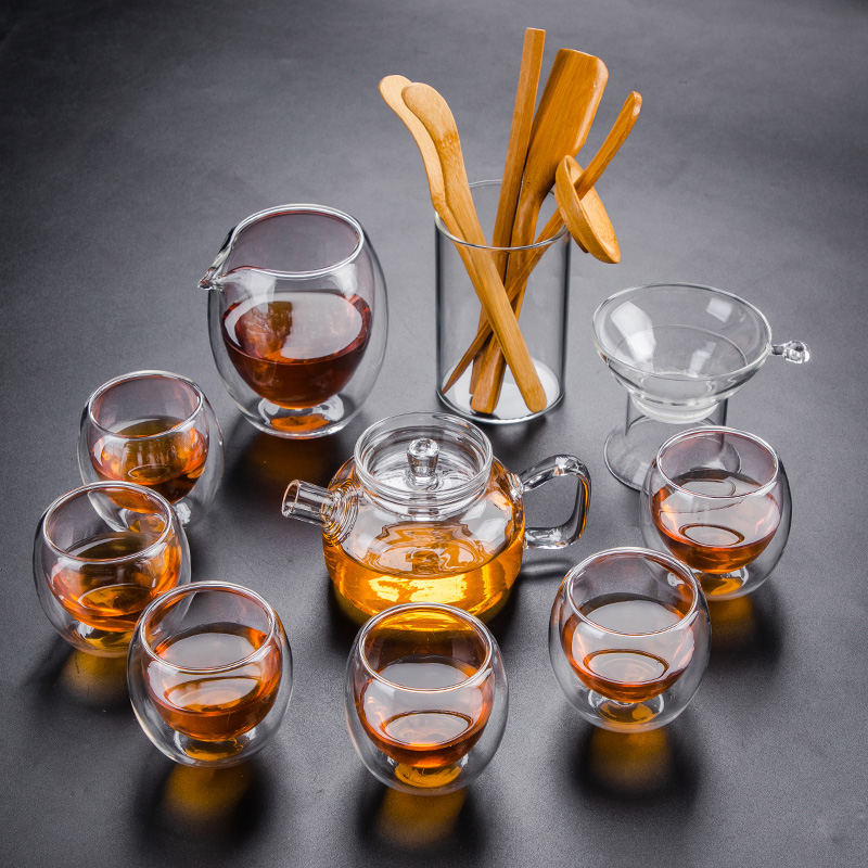 Transparent glass tea set with household Japanese contracted kung fu tea tray cup double teapot tea hot
