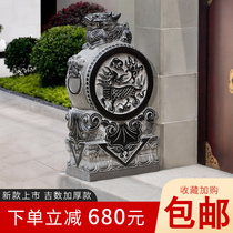 Stone carving door piers Bluestone Kirin holding drum stones a pair of new Chinese villa courtyard doorway household antique stone drum door piers