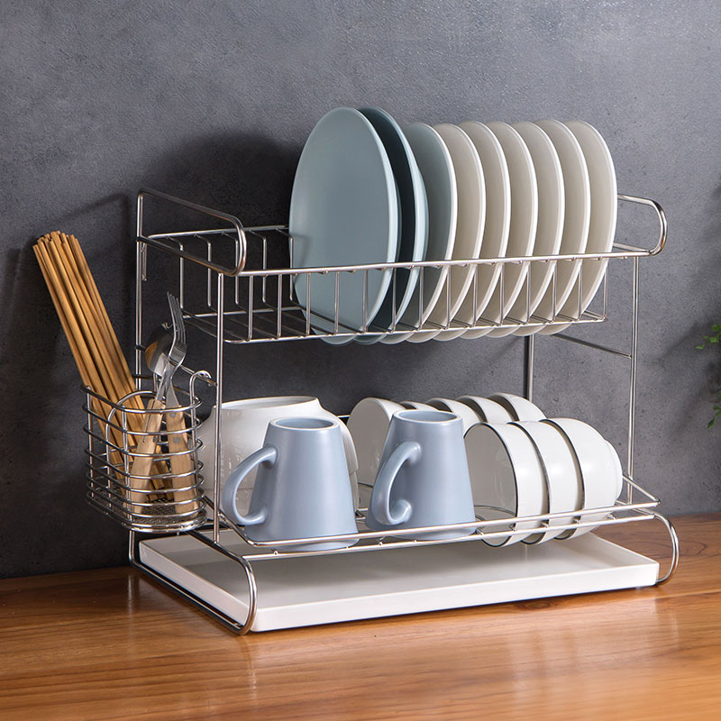 Large 304 stainless steel dish rack drainage rack Double decker dish storage rack Drip tray rack Kitchen countertop bowl holder