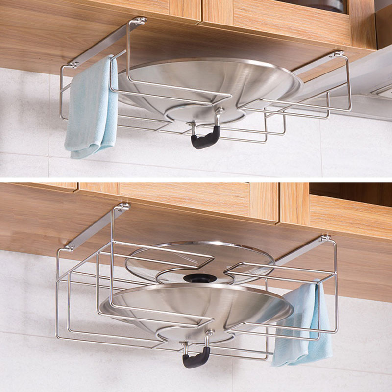 Kitchen wall-mounted large lid rack multifunction free of punch 304 stainless steel hooks Home shelve chopping frame