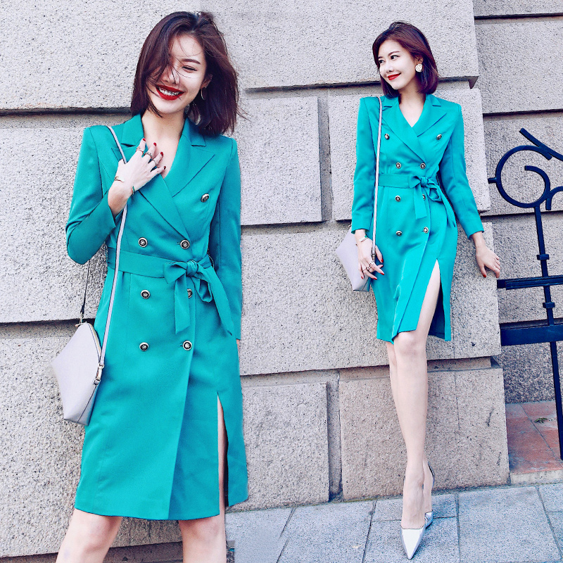 wq high-end elegant lake water green double-row buttoned suit foreign dress female display slim temperament spring and summer high waist mid-length swarm dress