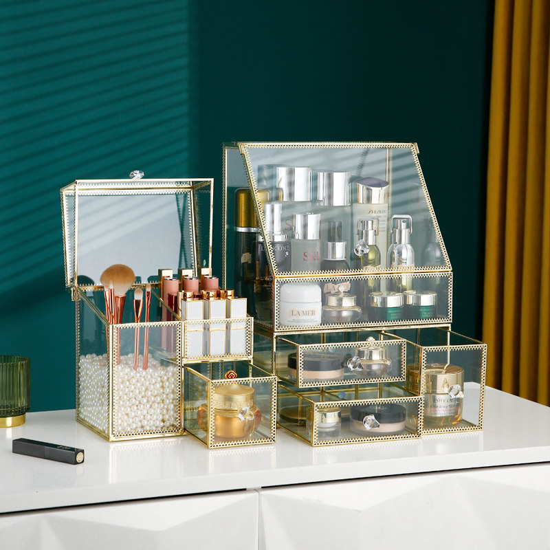 Cosmetic Storage Box Copper Glass Mouth Red Brush Bucket Dust Screen Red Tabletop Finishing Makeup Table Large Capacity Shelf