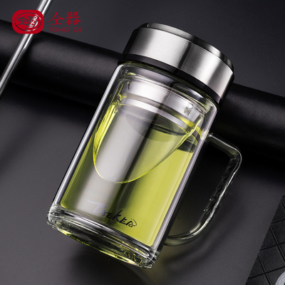 双层玻璃杯男带把手办公室个人专用泡茶杯子带盖大容量家用喝水杯