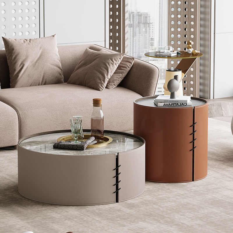Nordic Round Rock Plate Tea Table Composition Living Room Small Family Style Home Light Lavish Saddle Leather Modern Minima Small Tea Table Table
