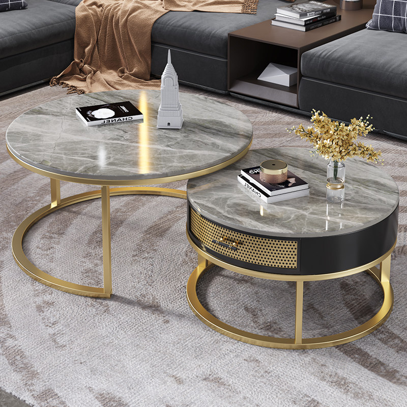 Marble coffee table table living room home Nordic light luxury modern rock slab round combination small apartment simple wind round table