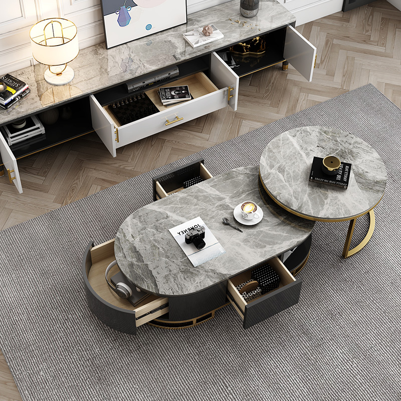 Marble tea table minimalist modern living room small family type tea TV cabinet light and luxurious household integrated round tea