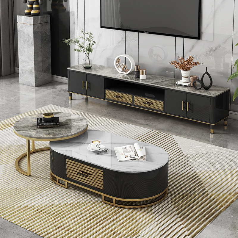 Rock slab tea table TV cabinet combination modern minimalist small apartment living room light luxury style net red multi-functional TV cabinet