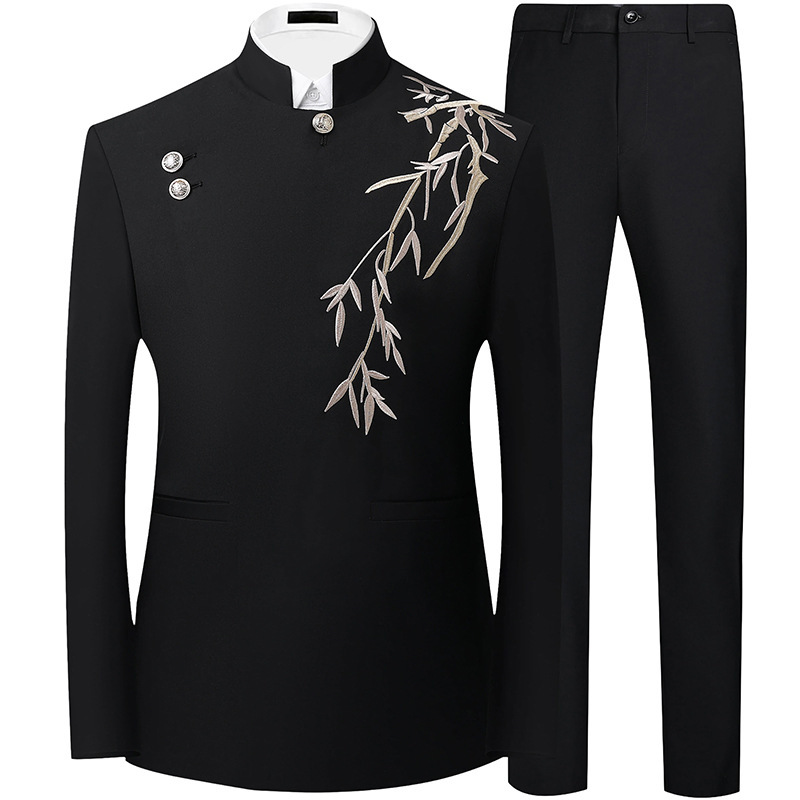 Chinese-Style Stand-Up Collar Engagement and Wedding Groom's Attire, Traditional Chinese Style Bamboo Leaf Embroidery Zhongshan Suit, Adult Ceremony Wrinkle-Free Suit Set Chinese-Style Stand-Up Collar Engagement and Wedding Groom's Attire, Traditional Chinese Style Bamboo Leaf Embroidery Zhongshan Suit, Adult Ceremony Wrinkle-Free Suit Set