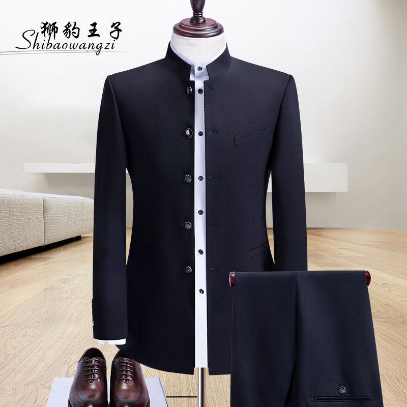 Chinese tunic suit for young men to slim down Korean Chinese collar four-sided bullet suit wedding best man Chinese costume