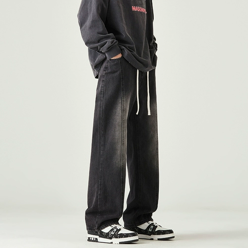 Джинсы, осенние весенние штаны, в американском стиле, свободный прямой крой, эластичная талия, в корейском стиле