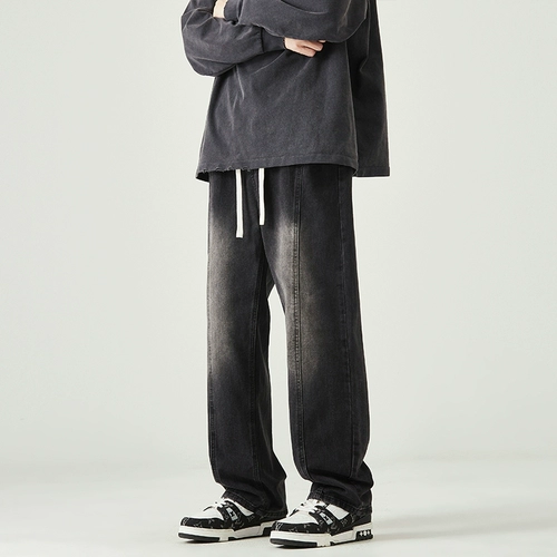 Джинсы, осенние весенние штаны, в американском стиле, свободный прямой крой, эластичная талия, в корейском стиле