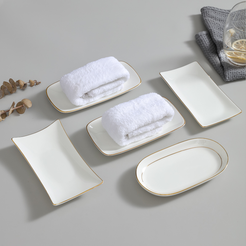 Bone China Gold-Edged Towel Dish Rectangular Hotel Ceramic Commercial Chinese-Style Wet Hand Towel Holder Wet Wipe Tray Pure White