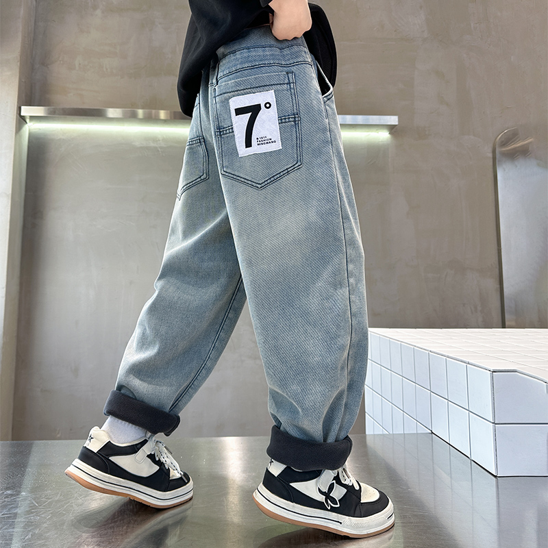 Boy gush jeans autumn winter style 2023 new children's integrated suede thickened winter light blue pants tide-Taobao