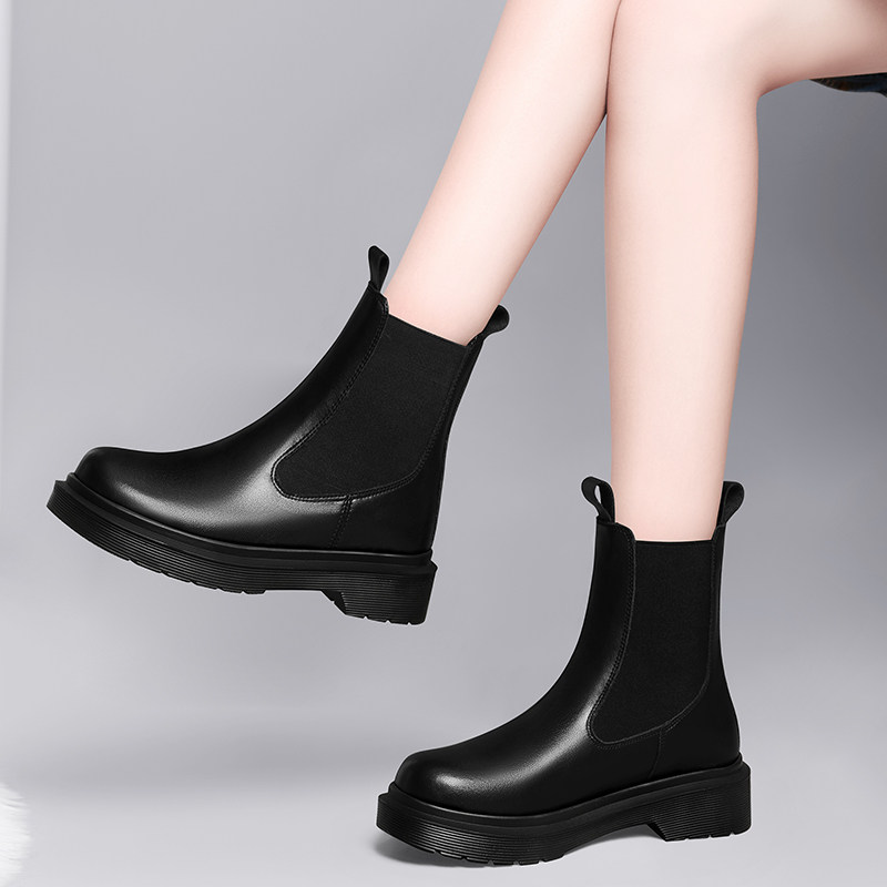Cigarette boots women's leather autumn and winter plus velvet all-match thin thick bottom Martin thin boots ins short tube Chelsea boots