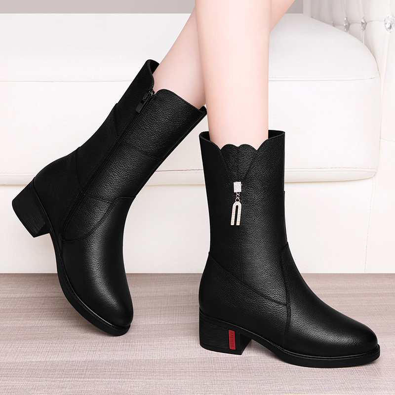 Boots women's middle boots 2022 autumn and winter new middle-aged women's boots full cowhide thick heel middle heel leather plus velvet boots