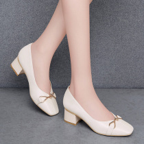 Goat Leather Coarse Heel Single Shoe Woman 2021 New Elegant Rice White Leather Shoes Lady Work Comfort Little Scents High Heel Shoes
