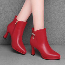 Big Red Short Boots Woman 2021 New Spring Autumn High Heels Shoes Slim Heel Boots Wedding Single Shoes Slim Leather Shoes Bridal Shoes