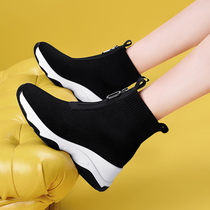 High Bunch Casual Shoes Women Knitted Boots 2021 New Spring Autumn Single Boots Thick Bottom Slopes Heel Front Zipped Slim Socks Shoes