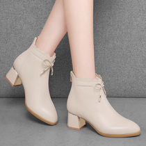 Rice White Coarse Heel Short Boots Woman Genuine Leather 2021 New Spring Fall Martin Shoes Heel Bull Leather High Heel Shoes