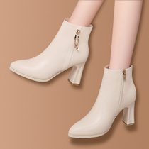 Small Heel Short Boots Woman Single Boots Spring Autumn 2022 New 100 Hitch Fashion Beige Pointed Heels Thick Heel Leather Shoes