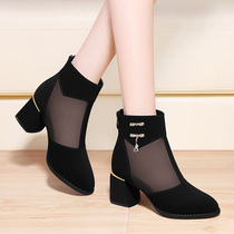 Mesh shoes womens 2021 new summer breathable mesh boots leather hollow cool boots thick heels womens high heel sandals