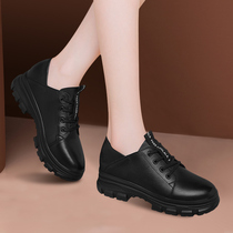 Black Small Leather Shoes Women Soft Bottom 2021 New Spring Genuine Leather Lace Non-slip Women Shoes 100 Hitch Bottom Casual Single Shoes