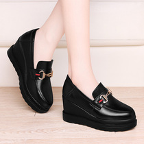 Slope heel single shoes womens leather cake shoes 2021 New Spring waterproof table black thick sole not tired foot increased leather shoes