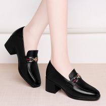 Mom Shoes Fall Single Shoes Genuine Leather Soft Bottom 2021 New Yingren Wind Lady Leather Shoes Coarse Heel Women Shoes Lefu Shoes