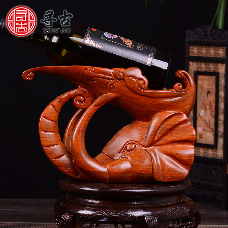 Find Ancient Flower Pears Wood Carving Elephant Red Wine Rack Swing Pieces Solid Wood Engraving Crafts Gift Hem Accessories Wine Shelf Wine